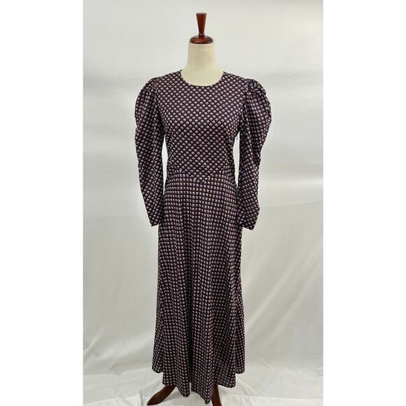 DOEN Sz S Small Vittoria Dress Puff Long Sleeve Midi Harbor Medallion Blue Fall - Picture 9 of 13